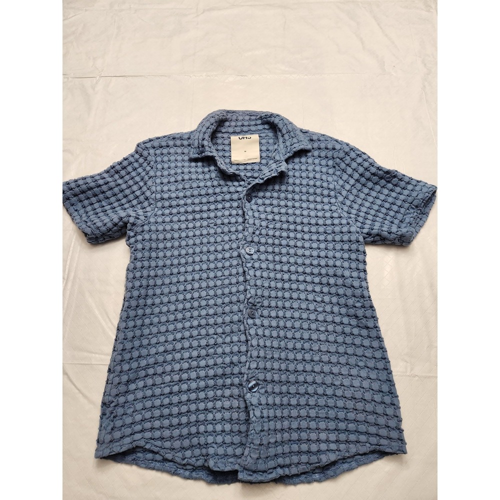 OAS Shirt Mens Medium Blue Coronet Cuba Waffle Short Sleeve Button Up Casual